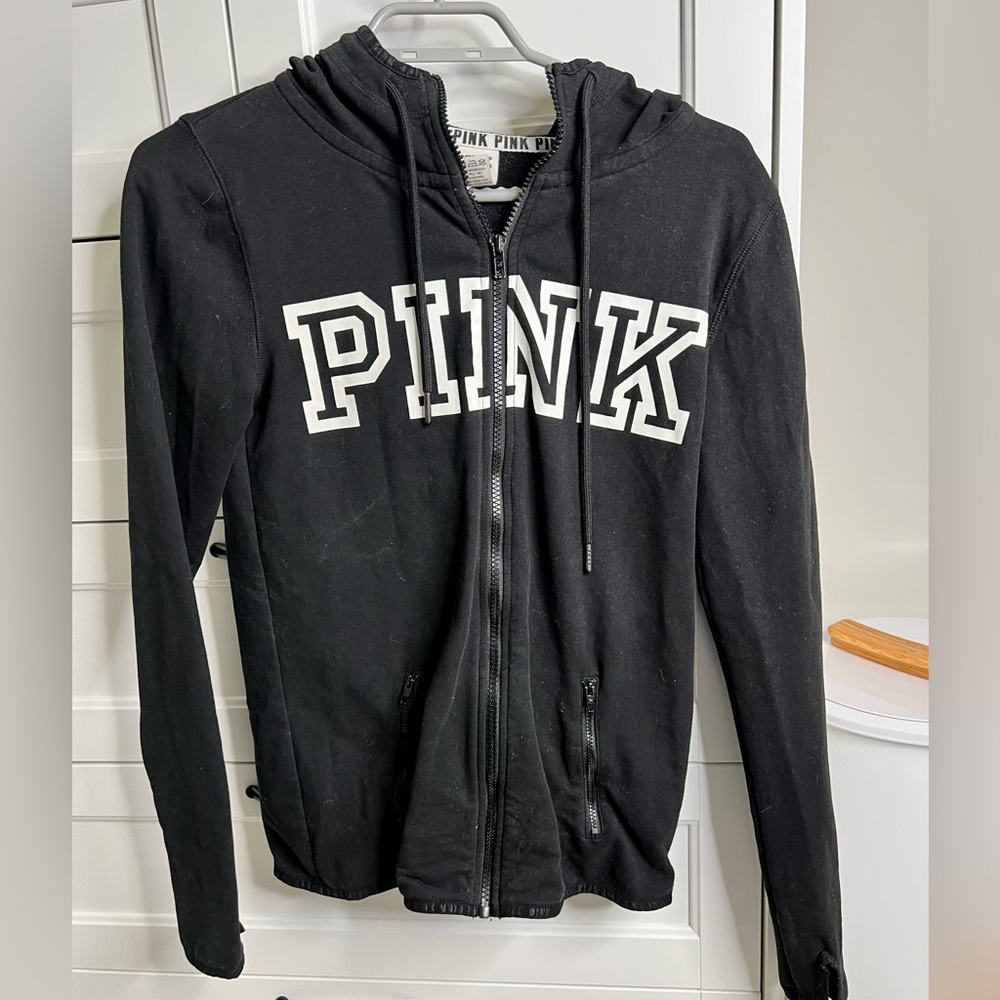 Victoria’s Secret PINK black zip up with thumb holes logo